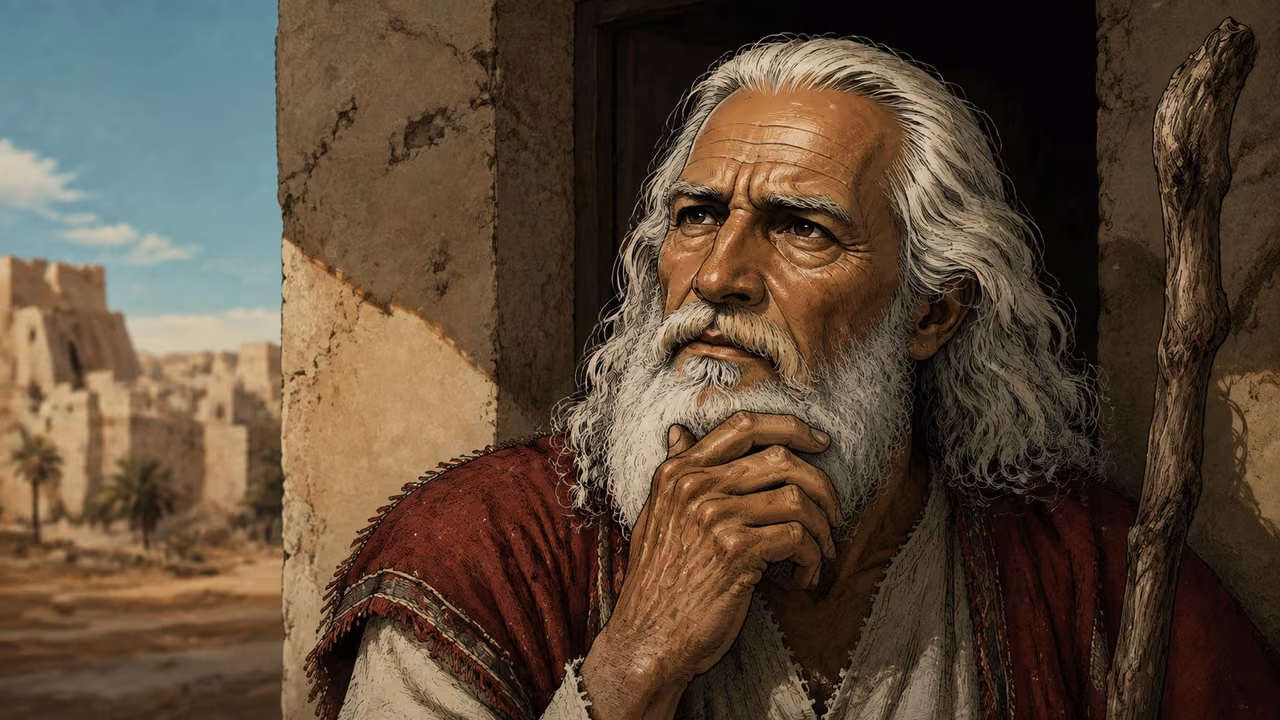 Exodus 6:28-30. The hesitant messenger. Close portrait of Moses alone in thought in the land of Egypt. Three-quarter view from chest up, eyes troubled but intent, lips slightly parted in hesitation, one weathered hand resting at his own chin without covering the mouth, gnarled staff at frame edge. Preserve approved deep-set eyes, long white hair and full beard, crimson mantle and cream robe. Mudbrick doorway falls into quiet shadow behind him, soft oblique natural light across the face. The source in these verses names only Moses; do not add Aaron despite earlier draft shot note. No vision, bush, divine figure or written text. Intimate final beat of hesitation before the next encounter with Pharaoh. Bronze Age Exodus setting, not first-century staging. One 16:9 single scene. No text or lettering.