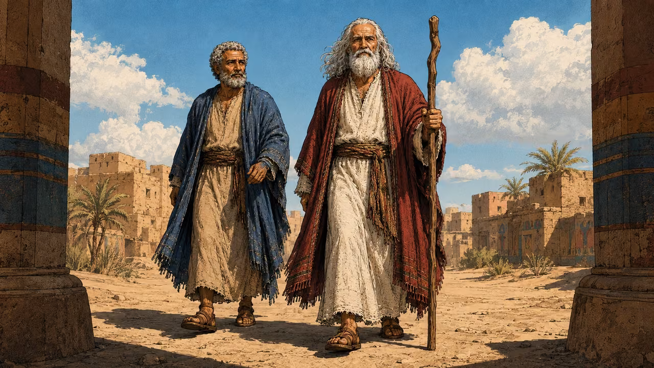 Exodus 7:1-7. Eighty and eighty-three. Two vigorous elderly brothers walking toward the Egyptian palace entrance, Moses tall with long white hair and beard in crimson/cream holding his gnarled staff, Aaron slightly shorter with short silver curls and rounded beard in indigo/sand. Both unquestionably elderly, matching their exact character references. Medium low camera looking back toward them as they approach, quiet determination, each walking naturally on sandaled feet. Painted Egyptian gate behind the camera suggested at frame edges, ochre mudbrick settlement behind the brothers, morning daylight. No royalty, miracle, burning bush, supernatural glow or lettering. Single horizontal graphic-novel scene. Bronze Age Exodus setting, not first-century staging. One 16:9 single scene. No text or lettering.