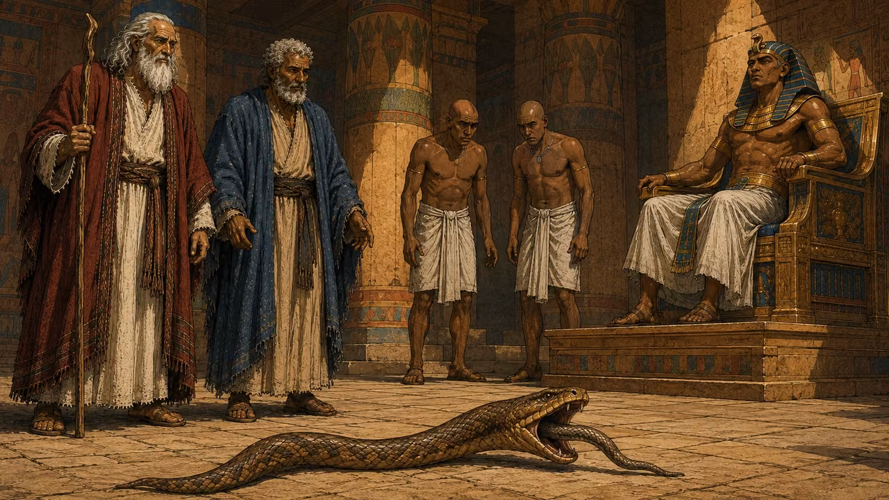 Exodus 7:8-13. Staffs before the throne. Wide view of the staff sign in the established audience hall, low camera prioritizing the serpent on the floor. Aaron in indigo stands at left with BOTH HANDS EMPTY because his staff has transformed. Moses beside him in crimson holds his own gnarled staff, a separate object. A natural brown serpent on the stone floor has swallowed the magicians serpents; capture the final small tail disappearing into its open mouth, no blood or gore. Two ordinary court magicians in plain white linen with shaved heads and no royal crowns look down in alarm, their hands empty too. Pharaoh in his own blue/gold nemes watches rigidly from the established throne at right, reluctant to yield. Match the first three references to the three principals; the hall reference fixes architecture only, do not copy its previous hand gestures. Single coherent scene, no magical beams, humanoid serpent, dragon, bush, text or lettering. Bronze Age Exodus setting, not first-century staging. One 16:9 single scene. No text or lettering.