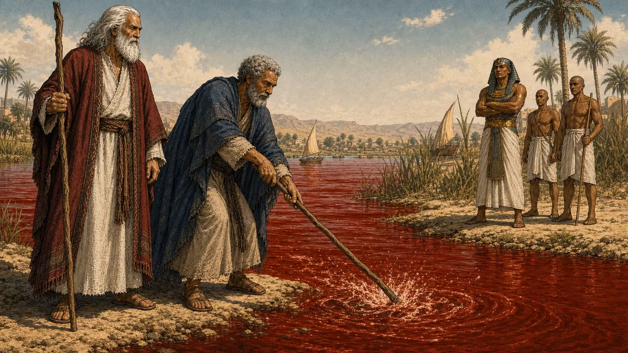 Exodus 7:14-20. The Nile is struck. Morning on the Nile bank. Aaron in indigo is the focal actor, bending slightly and bringing his plain wooden staff down to strike the river water. Moses in crimson with long white hair stands beside him holding his separate gnarled staff. Pharaoh in blue/gold nemes and white linen stands farther along the bank with two small plainly dressed Egyptian attendants, witnessing the sign. Match each of the three character references exactly. At the point of the strike, small natural ripples and splashes; all visible Nile water turns an unmistakable deep blood-red, not brown mud. Wide river, reed beds, low cultivated banks, distant palms and small boats. No glowing magic beam, giant wave, burning bush, wounds or gore. Clearly separate staffs and hands, each staff held by its own man. One decisive action in a wide coherent 16:9 scene. Bronze Age Exodus setting, not first-century staging. One 16:9 single scene. No text or lettering.