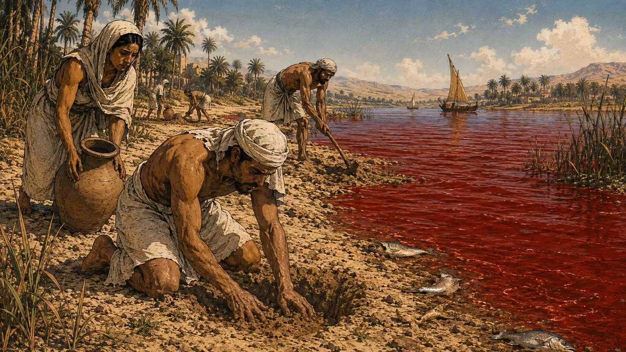 Exodus 7:21-25. Water they cannot drink. Aftermath of the first plague. The reference image is for the Nile LOCATION and COLOR only; remove every named figure from that reference. NEW scene: ordinary Egyptian families dig shallow holes in the sandy bank beside the blood-red river to seek drinking water. Foreground man in plain off-white kilt and simple headcloth kneels scooping sand by hand, a woman with plain linen shawl holds an EMPTY earthenware jar nearby; another worker uses a simple wooden digging tool. A few whole dead fish lie by the river edge, no wounds or gore. No clean water shown in the holes, since they are searching. Reed clumps, distant palms and small boats retain location continuity. NO Moses, Aaron, Pharaoh, royal headdresses, gold collars or staff miracle. Harsh afternoon light and weary expressions, one coherent 16:9 narrative illustration. Bronze Age Exodus setting, not first-century staging. One 16:9 single scene. No text or lettering.