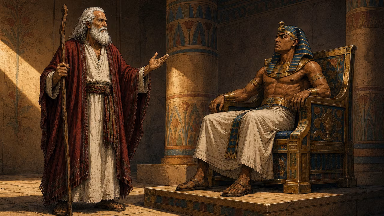 Exodus 7:26-29. The warning of frogs. Moses delivers the warning of frogs to Pharaoh INSIDE the established Egyptian hall. A new medium two-person composition: Moses at left in crimson with white hair/beard and staff, speaking soberly; Pharaoh seated at right in blue/gold nemes turns his rigid face toward him. Exactly TWO visible people: Moses and Pharaoh only, no Aaron, guards or magicians. Use the final reference ONLY for architecture and throne, not its other figures or gestures. No frogs have arrived yet, no snakes, flies or river in the interior. Quiet ominous warm light and deep shadow, expressive faces, single graphic-novel panel without lettering. Bronze Age Exodus setting, not first-century staging. One 16:9 single scene. No text or lettering.