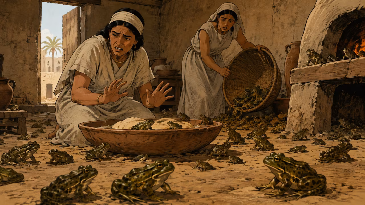 Exodus 8:1-3. Frogs everywhere. Frogs invade an ordinary Egyptian home. Low close environmental view of many natural small green-brown frogs across the earthen floor, on a shallow pottery kneading bowl and a clay oven ledge. A plainly dressed Egyptian woman pulls her hands back from the dough in dismay; another adult lifts a woven basket and finds frogs underneath. Simple opaque off-white linen clothing, no royal costume or named characters. Mudbrick/plaster walls, modest pottery and breadmaking implements, daylight from doorway and warm hearth glow. Focus on several clearly drawn anatomically normal frogs with natural legs; others diminish into the background. No giant frogs, cartoon faces, gore, Pharaoh, Moses, Aaron or lettering. Hand-inked gouache, tactile grain and restrained halftone, single 16:9 scene. Bronze Age Exodus setting, not first-century staging. One 16:9 single scene. No text or lettering.