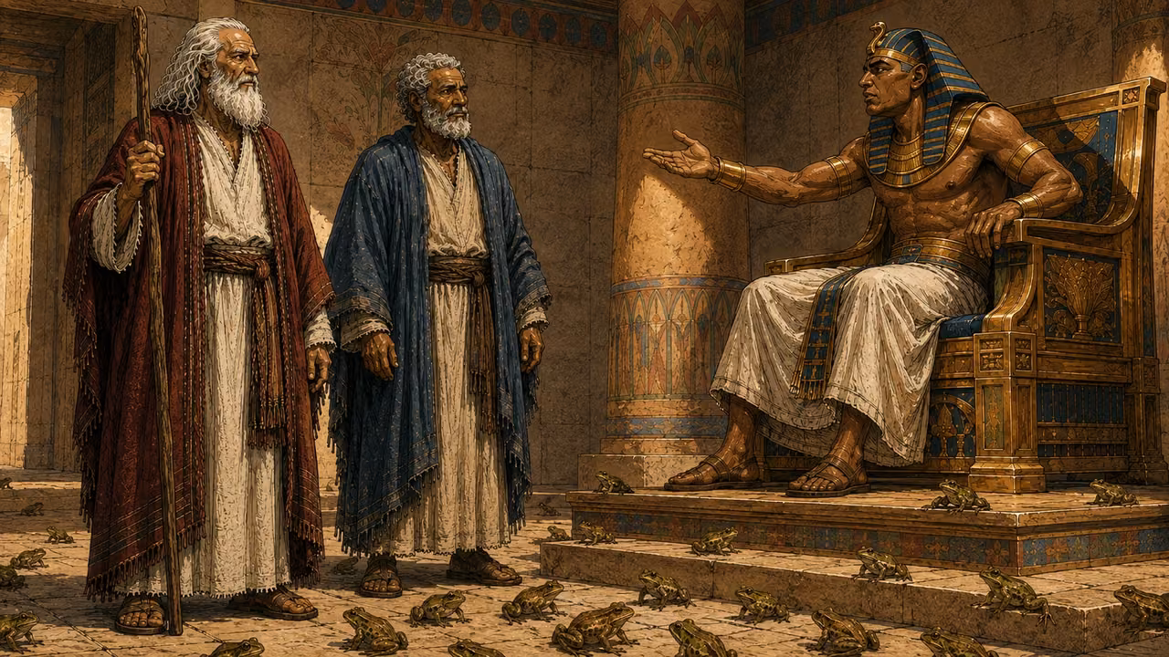 Exodus 8:4-7. Plead for me. Pharaoh asks Moses and Aaron to plead for removal of frogs. Inside the established Egyptian audience hall, Pharaoh leans forward from the familiar throne with one open imploring hand, strained expression, his blue/gold nemes and white linen retained. Moses in crimson stands at left answering calmly, long white hair/beard and gnarled staff; Aaron in indigo stands beside him attentively, short gray curls/rounded beard. Exactly these three principal people. A number of ordinary LIVE small green-brown frogs occupy the stone floor and one low throne step; none dead yet. The final reference is hall architecture only; replace earlier refusal gesture with request for relief. No snake, flies, river, supernatural aura or lettering. One coherent 16:9 panel with faces and gesture readable. Bronze Age Exodus setting, not first-century staging. One 16:9 single scene. No text or lettering.