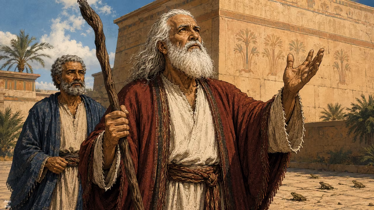 Exodus 8:8-8. Moses cries out. Outside Pharaoh’s palace after the audience. Moses in crimson and cream is the focal figure, head raised in earnest prayer, one open hand lifted at chest height, other hand holding his gnarled staff. Elder face, long white hair/beard match reference. Aaron in indigo with short gray curls stands a few paces behind, quietly waiting after leaving with him. Simple ochre palace exterior wall and a strip of open sky, warm late-day natural light. A few natural LIVE green-brown frogs remain on the paving, not yet removed or dead. No Pharaoh in the exterior, no visible deity, no divine beam, no lettering or bubbles. Distinct from the audience scene, medium three-quarter view emphasizing Moses’s prayer. Bronze Age Exodus setting, not first-century staging. One 16:9 single scene. No text or lettering.