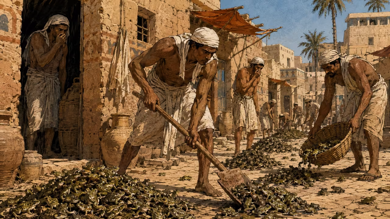 Exodus 8:9-11. Relief and refusal. After Moses prays, unnamed Egyptian laborers gather dead frogs into heaps along an ochre mudbrick street. Several modest heaps of small natural green-brown frogs, no gore. One worker uses a simple wooden shovel, another carries a shallow reed basket; a bystander covers nose with linen. Doorways and household clay jars, warm daylight, Egyptian linen work clothing. Clear aftermath and unpleasant stench conveyed through human reaction. No Moses, Aaron, Pharaoh, divine light, letters or speech bubbles. Ground-level wide narrative composition, hand-inked graphic novel with textured muted watercolor matching prior panels. Bronze Age Exodus setting, not first-century staging. One 16:9 single scene. No text or lettering.