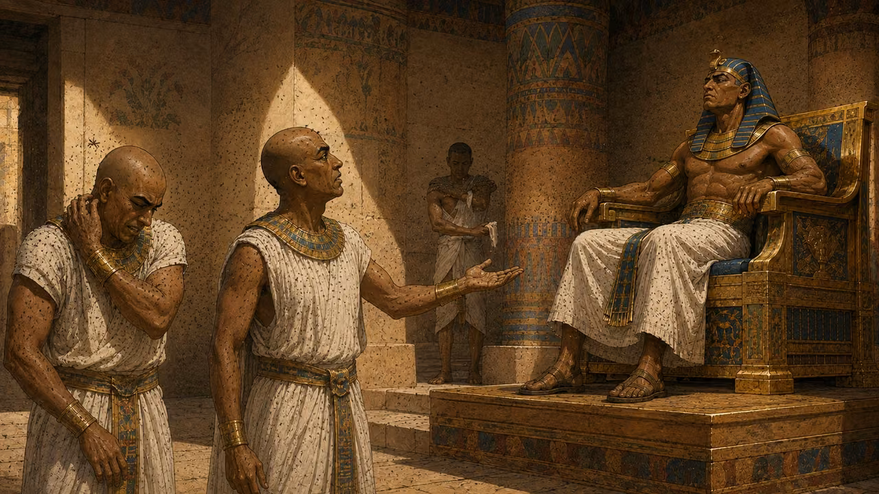 Exodus 8:12-15. Dust and gnats. Inside the established Egyptian audience hall, Pharaoh sits tense on his throne, matching his reference. Two unnamed Egyptian court magicians in simple fine white linen, shaved heads and modest collars stand below the dais, shielding eyes and scratching their necks as dense tiny gnats cluster around faces and wrists. One magician extends an empty palm toward Pharaoh in helpless acknowledgment; no glowing magic or supernatural body part. An attendant near a column brushes insects from his arm. Gnats are very tiny dark specks, not large flies. Use the palace reference for architecture only; no Moses or Aaron in this moment. Pharaoh refuses to yield. Coherent natural anatomy, cinematic medium-wide framing, no text. Bronze Age Exodus setting, not first-century staging. One 16:9 single scene. No text or lettering.