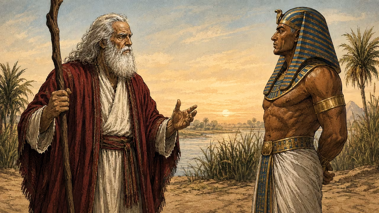 Exodus 8:16-19. Goshen set apart. Early morning beside the Nile, Moses confronts Pharaoh on a sandy bank before the swarm arrives. Exactly two main figures: elder Moses in crimson mantle and cream robe, long white hair and beard, gnarled staff in one hand, the other making a restrained speaking gesture; Pharaoh in established blue-and-gold nemes and white linen faces him with guarded posture. Reed clumps and palms, low cultivated bank, pale sunrise; a sliver of ordinary blue-brown river water behind reeds. This is a later warning, not the river-blood scene. No frogs, gnats or flies in this moment. No Aaron, modern structures, visible deity, glowing boundary, lettering. Medium-wide profile encounter, clear distinct faces and natural anatomy. Bronze Age Exodus setting, not first-century staging. One 16:9 single scene. No text or lettering.