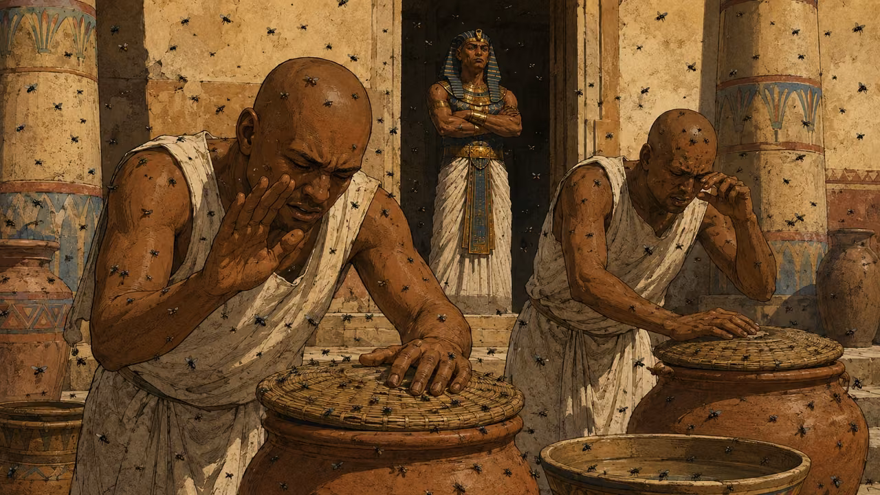 Exodus 8:20-20. The swarm arrives. A heavy swarm of natural small dark flies afflicts an Egyptian palace courtyard. Foreground two unnamed servants in plain white linen cover clay water and food jars with woven lids while brushing flies from their faces. Flies are visible against bright plaster and on jars, concentrated enough to convey distress while keeping faces readable. In the shaded doorway behind them Pharaoh, recognizable blue-and-gold nemes and white linen, watches with a rigid troubled expression. Ochre plaster and a pair of cylindrical Egyptian columns with restrained blue-red painted motifs, consistent palace architecture. Courtyard medium-wide composition, no Moses or Aaron, no fantastical insects, no text. The flies are larger than the previous scene gnats but remain naturally small. Bronze Age Exodus setting, not first-century staging. One 16:9 single scene. No text or lettering.