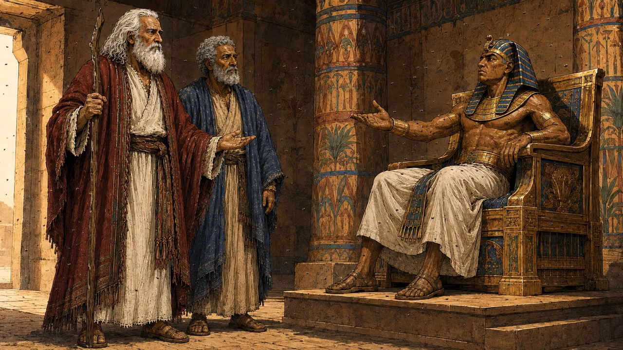 Exodus 8:21-25. Not too far away. Pharaoh negotiates with Moses and Aaron in the established ochre-columned audience hall while natural small flies remain visibly in the air and on the throne. Exactly three main figures, distinct from references: Pharaoh seated right in blue-and-gold nemes and white linen extends one hand in a measured limited concession. Moses stands left in crimson mantle, cream robe and long white hair, his gnarled staff upright in one hand, composed firm expression as he explains the journey. Aaron stands slightly behind Moses in indigo, short gray curls and rounded beard, listening. Pharaoh asks them not to go far; show tense negotiation, no departure celebration. Palace reference architecture only. Flies naturally small and unobtrusive enough to read faces. No lettering, bubbles, visible deity or additional royal duplicates. Bronze Age Exodus setting, not first-century staging. One 16:9 single scene. No text or lettering.