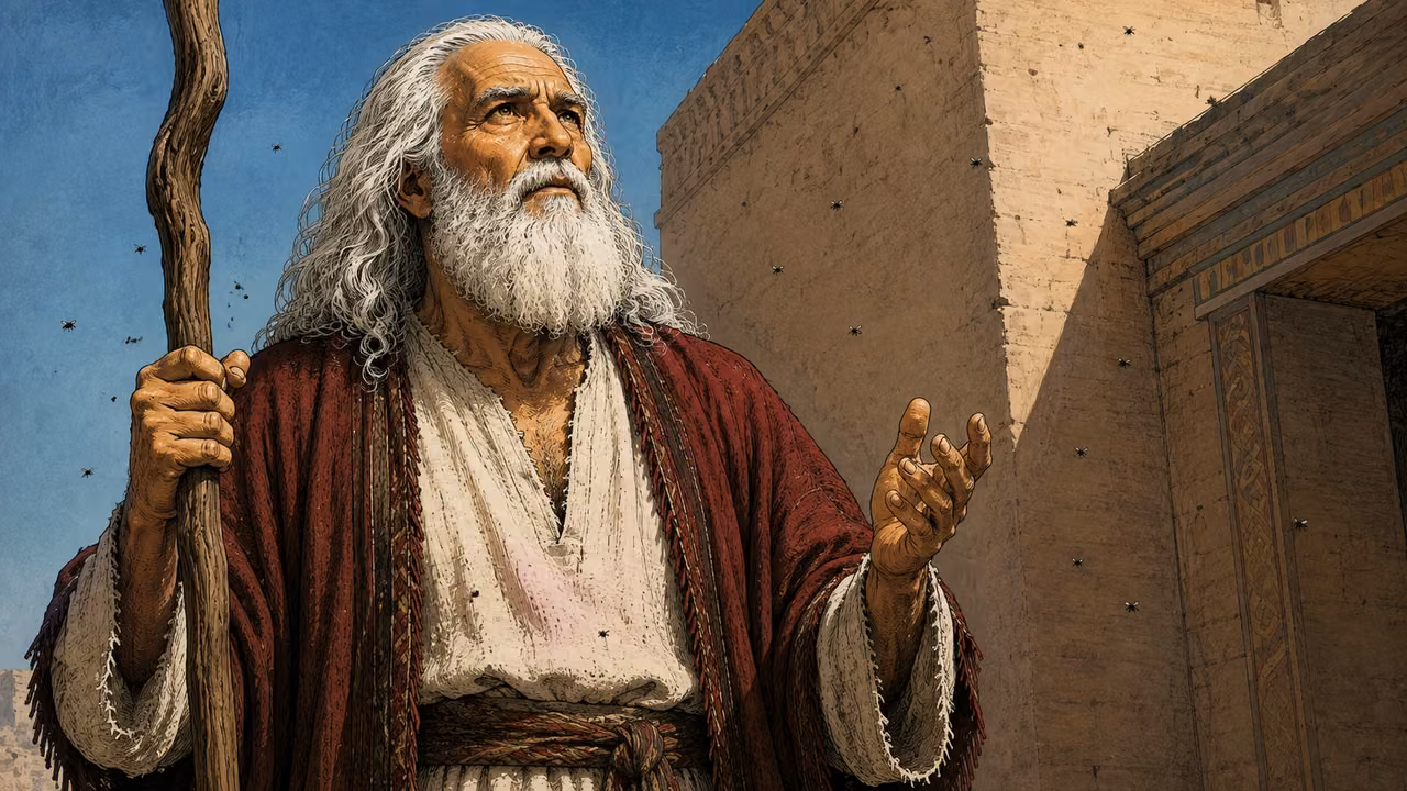 Exodus 8:26-26. A plea outside the palace. Moses alone outside the Egyptian palace after leaving Pharaoh, earnestly praying for removal of the flies. Elder Moses matches reference with long white hair and beard, crimson mantle and cream robe. Three-quarter medium close view, eyes lifted, one open hand raised near chest and the other grasping his natural gnarled wooden staff. Ochre exterior wall softly in shadow and blue sky, ordinary daylight. Several naturally small flies still visible around his robe and against the wall, no magical light, no visible deity. No Aaron or Pharaoh in frame. Quiet resolve, hand-inked tactile gouache, coherent fingers and no lettering. Bronze Age Exodus setting, not first-century staging. One 16:9 single scene. No text or lettering.