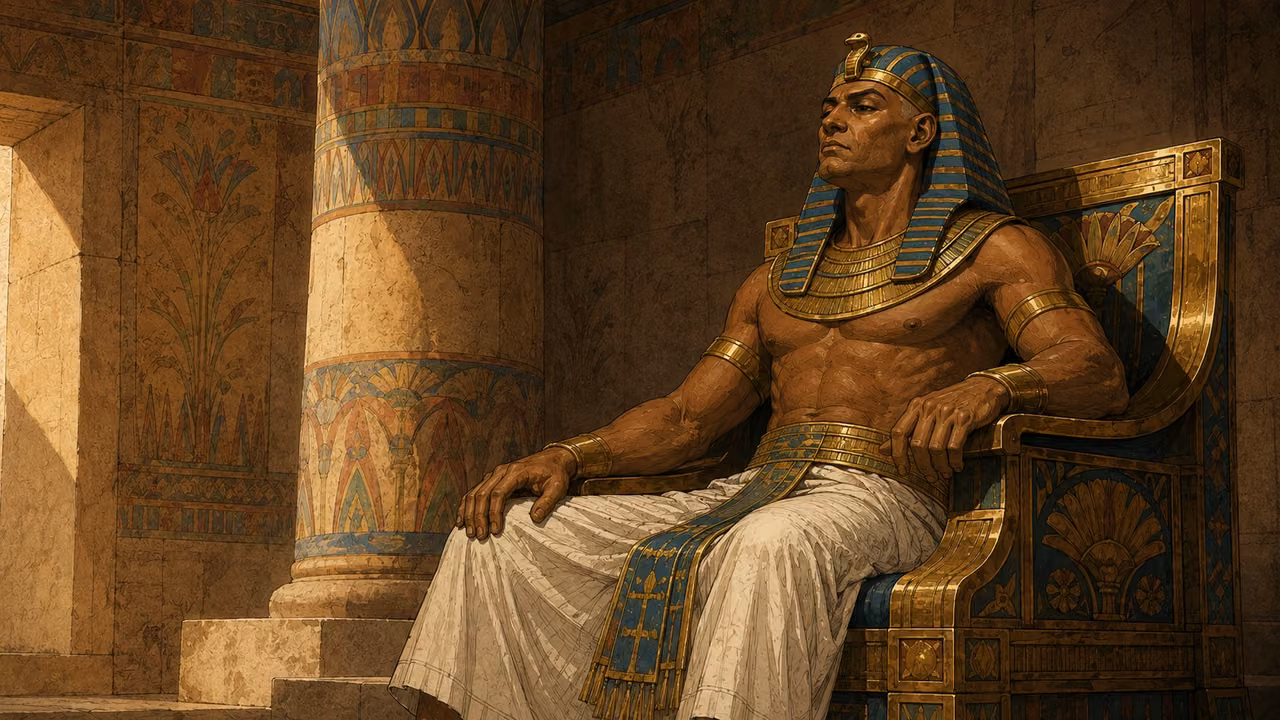 Exodus 8:27-28. Not one remained. After the flies have completely disappeared, Pharaoh sits alone on the established dark wood, blue-and-gold throne in the ochre-columned audience hall. Absolutely no insects, dead or alive, anywhere. His stern face and closed posture express renewed refusal, one hand gripping the armrest while the other lies still on his knee. Match Pharaoh reference blue-and-gold nemes, gold collar, white pleated linen and facial structure. Medium portrait with enough of throne and painted Egyptian column to establish continuity, natural daylight from side, silent tense stillness. Use palace reference architecture only, omit all Moses and Aaron figures from it. No captions, lettering, visible deity or modern objects. Bronze Age Exodus setting, not first-century staging. One 16:9 single scene. No text or lettering.