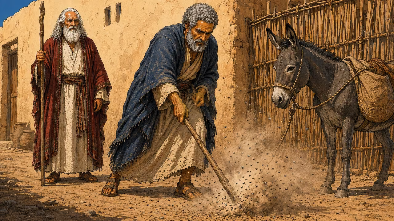 Aaron strikes the dusty ground with his staff as Moses watches; tiny gnats rise near their feet and a nearby donkey.