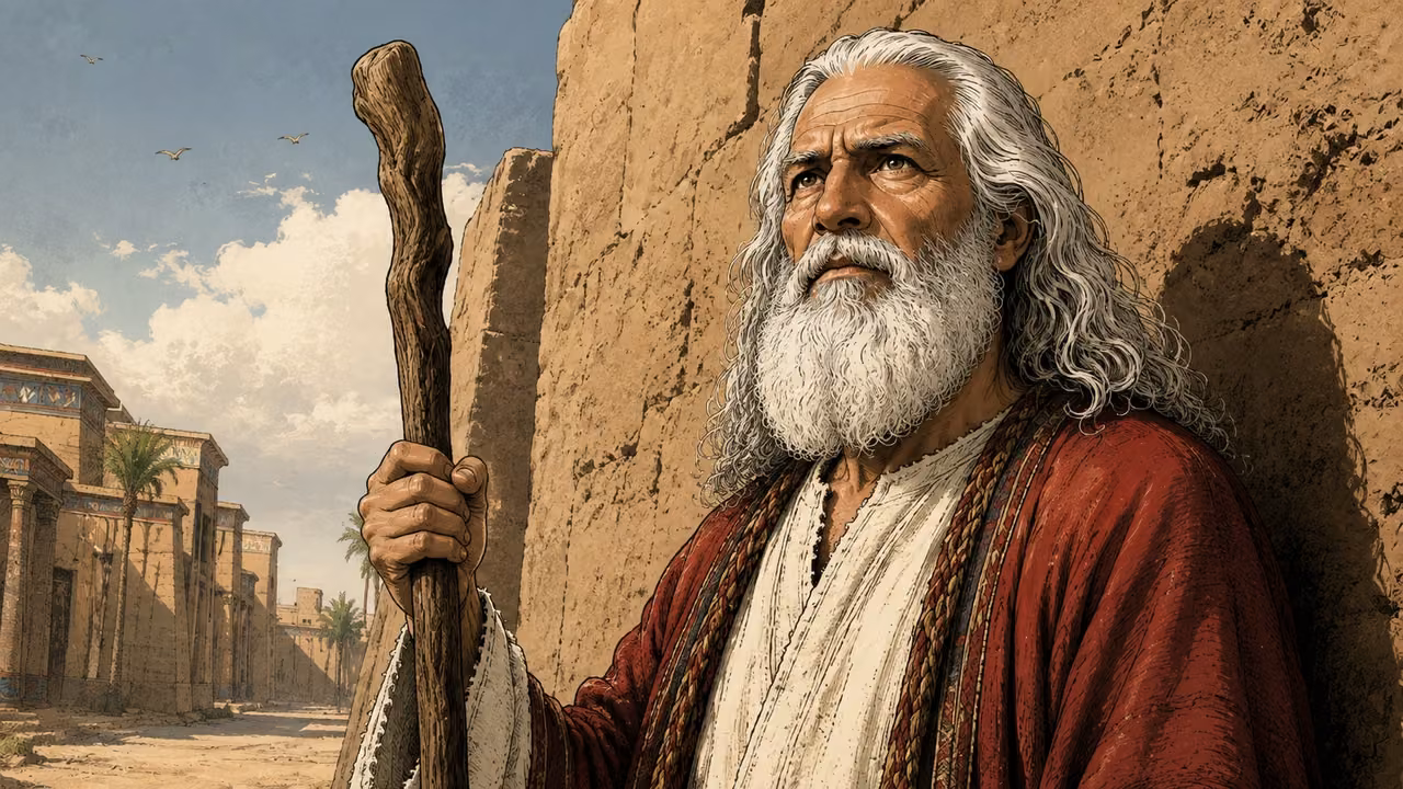 Exodus 10:1-2. Tell your children. Quiet close portrait of Moses receiving the renewed commission before returning to Pharaoh. Elder Moses matches the approved reference exactly: long flowing white hair, long white beard, warm weathered face, crimson mantle over cream robe. He stands beside an ochre mudbrick wall outside the Egyptian city, one hand resting naturally on his gnarled staff, eyes raised slightly as he listens with serious attentive resolve. Soft ordinary morning daylight, no speaking figure or visible deity, no supernatural beam, no future children physically present. This scene accompanies the command that the signs be told to later generations, not an invented family gathering. Strong expressive face and tactile ink-gouache detail, no lettering or bubbles. Bronze Age Exodus setting, not first-century staging. One 16:9 single scene. No text or lettering.