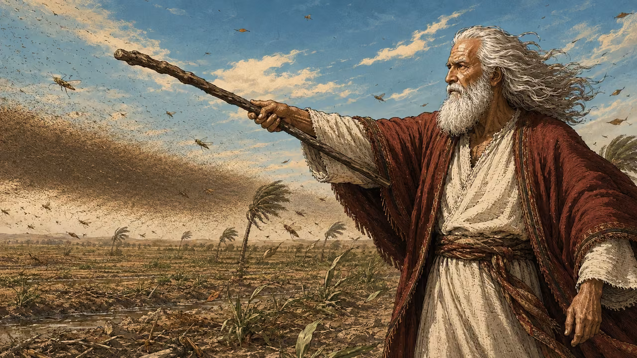 Exodus 10:12-13. The east wind. At dawn over Egypt after the hail, Moses extends his gnarled wooden staff outward over the land as a strong east wind brings the first distant locust cloud. Elder Moses at right foreground facing left, crimson mantle and cream robe, long white hair blown backward. Staff extended at a shallow upward diagonal over damaged fields with some low green growth remaining. Dust, dry leaves and wind-bent palms all stream in one consistent direction toward the left. Across the distant morning horizon a dense low brown swarm approaches, with just a few naturally sized locusts discernible nearer camera. No rain, hail or lightning, no split sea. Natural balanced stance and gripping hand, hand-inked gouache, no Aaron, Pharaoh, lettering or deity. Bronze Age Exodus setting, not first-century staging. One 16:9 single scene. No text or lettering.