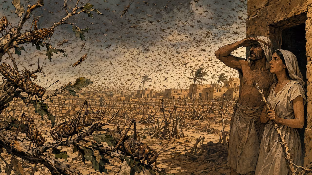 Exodus 10:14-15. No green thing remained. Overwhelming locust swarm consumes what the hail left in an ancient Egyptian farm. Foreground a low fruit-tree branch is crowded with natural brown locusts eating the last leaves, their folded wings and long hind legs readable at real insect scale. Midground fields stripped nearly bare under dense moving swarm that dims the sky. At right by a mudbrick doorway, an Egyptian farmer and his wife in simple worn undyed linen watch with grief, one shielding eyes, other holding a bare broken twig. No graphic injury. Deep muted ochre and dusty blue-gray, expressive dignified faces, tactile ink and gouache, broad cinematic framing. No frogs, flies, hail, modern gear, Moses or Pharaoh, no lettering. A few last green leaf fragments only; vegetation otherwise stripped. Bronze Age Exodus setting, not first-century staging. One 16:9 single scene. No text or lettering.