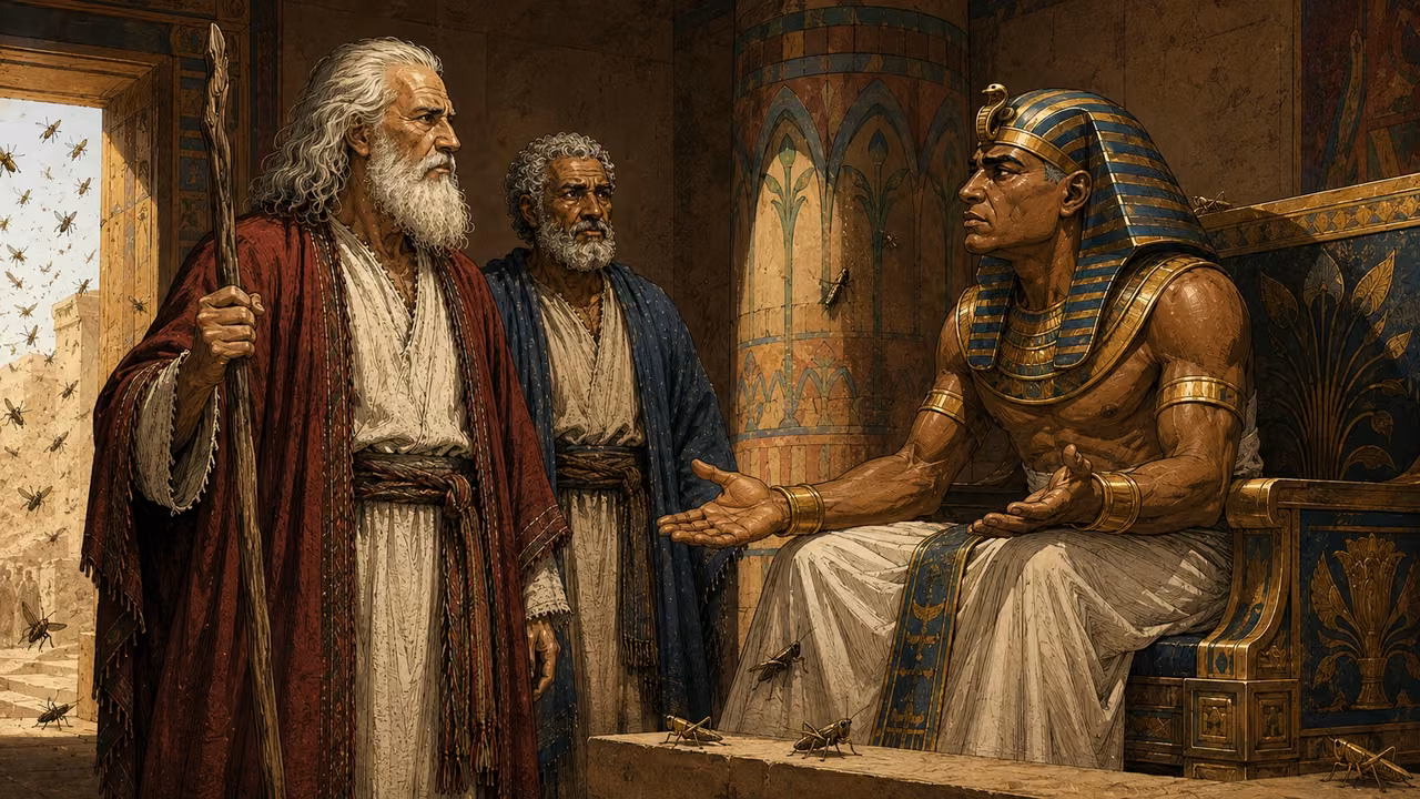 Exodus 10:16-17. Forgive me this once. Pharaoh urgently calls Moses and Aaron and pleads for the locust plague to be removed. In established Egyptian hall, medium close triangular grouping. Pharaoh seated at right leans forward, brows drawn with fear and remorse, palms open at waist height. Moses left stands firm with long white hair, crimson mantle and cream robe, gnarled staff; Aaron behind Moses in indigo with short gray curls and rounded beard. A few natural brown locusts with long hind legs cling to the throne step and painted column, with others flying at the doorway, unmistakable locusts not flies. Use palace reference architecture only, three named figures consistent. No removal yet, no text or supernatural effects. Clear natural hands and dignified faces. Bronze Age Exodus setting, not first-century staging. One 16:9 single scene. No text or lettering.