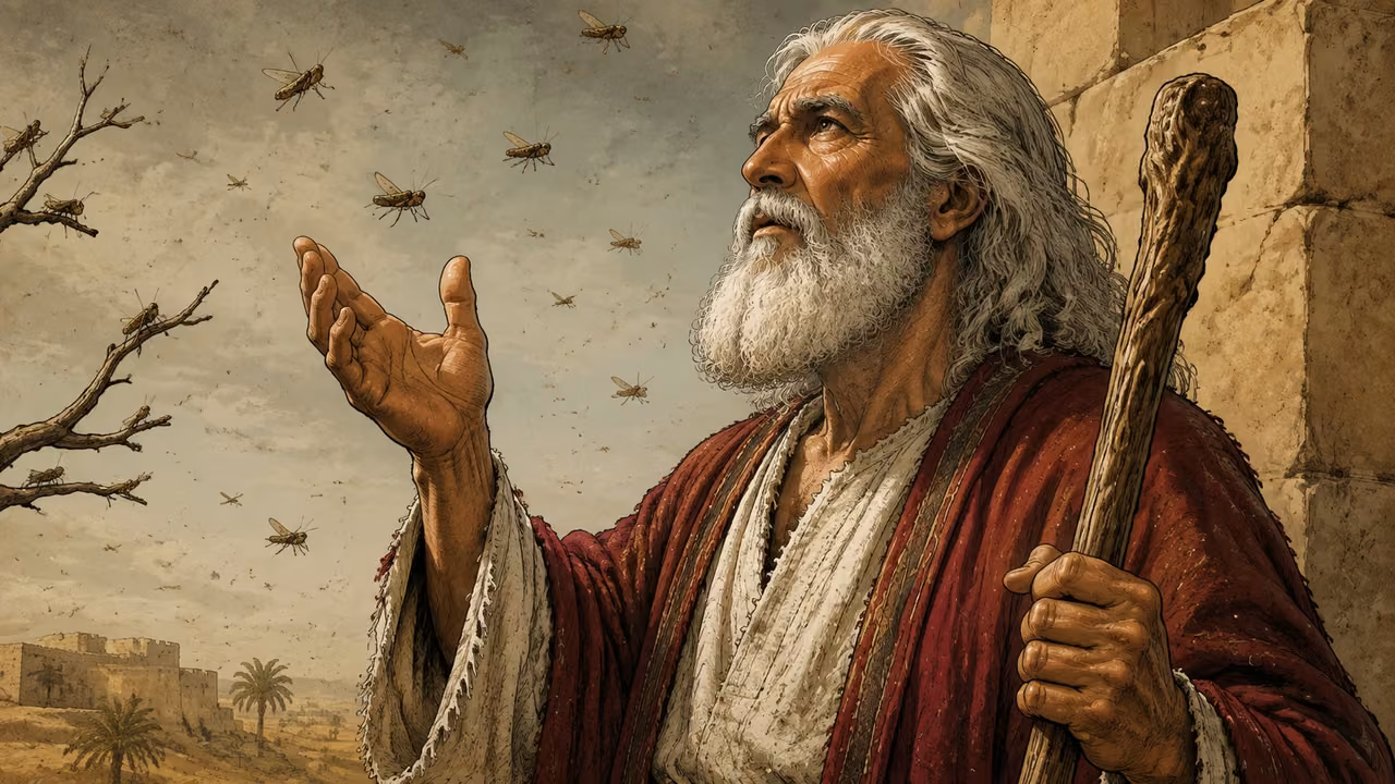 Exodus 10:18-18. He pleaded with Yahweh. Moses has left Pharaoh and pleads with Yahweh outside the Egyptian palace during the locust plague. Intimate side-profile medium portrait of elder Moses in crimson mantle, cream robe, long white hair and beard. One hand lifted open in earnest prayer and other rests on gnarled staff. A sparse stripped branch and plain ochre wall frame the scene; several small brown locusts perch on branch and drift through air, their long hind legs clearly distinct from flies. Muted daylight under swarm haze, no magical light, no visible deity. No Aaron or Pharaoh. Natural five-finger hand and calm resolute face, textured hand-inked gouache, no lettering. Bronze Age Exodus setting, not first-century staging. One 16:9 single scene. No text or lettering.