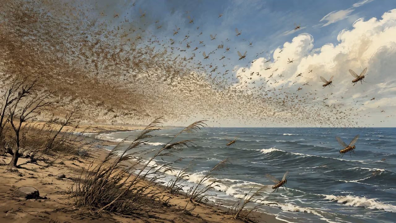 Exodus 10:19-20. Carried into the sea. Wide environmental scene: a powerful west wind carries the locust swarm away from Egypt and out over the Sea of Reeds. Low sandy shore in foreground with bent dry reeds leaning toward the water, broad unbroken blue-gray sea under a clearing sky. A receding dense brown cloud of countless tiny locusts sweeps diagonally from inland left toward open water right, nearest few recognizable natural locust silhouettes, the swarm thinning over wind-ruffled water. Stripped branches on land, no green crops regenerated, no people or ships. The sea is NOT divided and there are no walls of water, only ordinary whitecaps driven by strong wind. Clear sense of removal, hand-inked painterly gouache and muted colors, no labels, lettering or deity. Bronze Age Exodus setting, not first-century staging. One 16:9 single scene. No text or lettering.