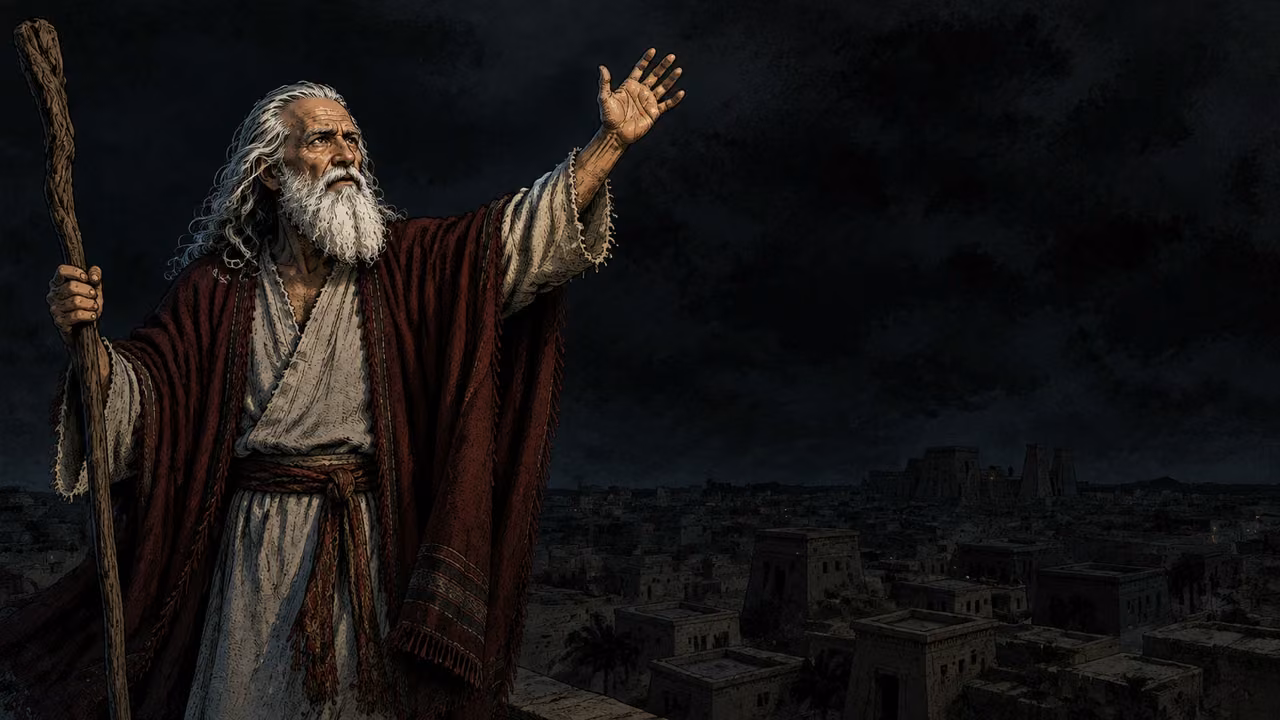 Exodus 10:21-22. Darkness that can be felt. Moses raises his empty hand toward the sky as deep thick darkness covers Egypt. Medium-wide single scene. Moses at left foreground, long white hair and beard, crimson mantle muted nearly burgundy-black, cream robe dim gray, one open palm raised, other holding his gnarled staff low. His recognizable face and raised hand remain just legible through sparse muted edge light for the reader. Behind him an ancient Egyptian city of flat mudbrick roofs recedes into overwhelming blue-black darkness; no visible sun, moon, stars or eclipse disk, no literal smoke monster. Atmosphere feels heavy and still, dramatic pools of ink black, tactile gouache and paper grain. No visible deity, glowing hand, magical beam, locusts, text or lettering. Bronze Age Exodus setting, not first-century staging. One 16:9 single scene. No text or lettering.