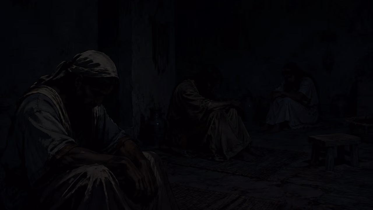 Exodus 10:23-23. Three days without rising. Interior of an Egyptian mudbrick home during the three days of thick darkness. Three unnamed fully clothed adults sit motionless apart from one another on low reed mats, barely discernible outlines, faces downcast and unable to see each other. Simple clay jars and a low wooden stool dissolve into blue-black shadow. Use extremely restrained edge definition so the reader can discover the figures while the room remains overwhelmingly dark; no bright lamp, window beam, moon or stars. Stillness, isolation and heavy darkness rather than ordinary nighttime social gathering. Dignified human anatomy, tactile hand-inked gouache graphic novel, no text, supernatural creature or visible deity. No Moses, Aaron or Pharaoh. Bronze Age Exodus setting, not first-century staging. One 16:9 single scene. No text or lettering.