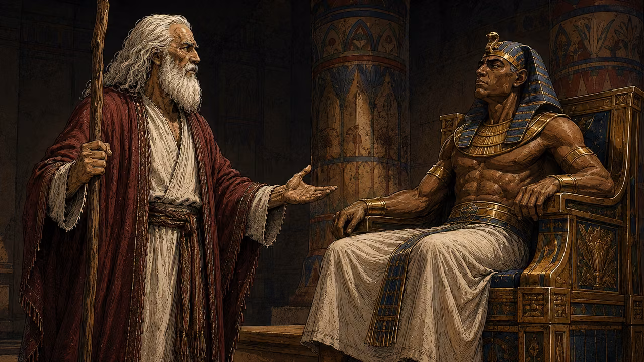 Exodus 10:24-27. Not a hoof left behind. Moses firmly insists that the livestock must leave too, before Pharaoh in the established Egyptian audience hall after the three-day darkness episode. Deep subdued shadow, narrow muted illumination lets the two faces and costumes be read; do not show bright outdoors or an invented cause of darkness. Exactly two people. Moses left in long white hair and beard, crimson mantle, cream robe, gnarled staff held in one hand, other palm open in firm explanation. Pharaoh right seated with guarded frown, blue-and-gold nemes, gold collar and white linen. Use palace reference for column and throne shapes only; darken hall appropriately and omit Aaron. Medium close exchange, natural hands, no animals physically in throne room, no lettering or visible deity. Bronze Age Exodus setting, not first-century staging. One 16:9 single scene. No text or lettering.