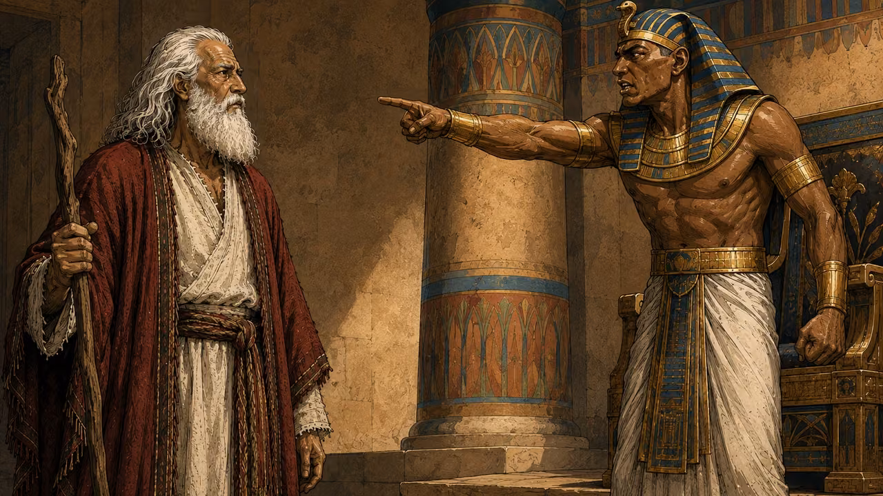 Exodus 10:28-29. Do not see my face again. Tense close confrontation in the established Egyptian hall: Pharaoh threatens Moses never to see his face again. Pharaoh at right stands at the edge of his throne platform, furious face under blue-and-gold nemes, one arm pointing toward the exit beyond the left edge; natural single pointing hand, not touching Moses. Moses left in crimson and cream with long white hair and beard stands upright with gnarled staff, calmly meeting Pharaoh gaze as he answers. Exactly two figures, clearly recognizable faces, deeply subdued ochre and blue shadows, partial painted cylindrical column and throne establish same setting. No bright outdoors, no guards assaulting him, no death scene, no lettering or speech balloons. Dignified dramatic ink and gouache single scene. Bronze Age Exodus setting, not first-century staging. One 16:9 single scene. No text or lettering.