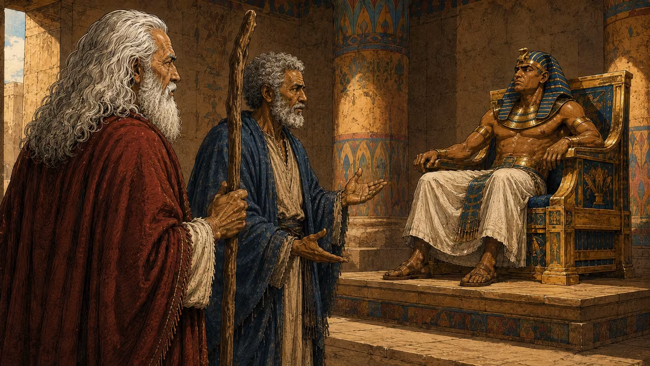 Exodus 10:3-6. What the hail left. Moses and Aaron deliver the locust warning to Pharaoh in the established Egyptian hall. View from just behind Moses left foreground toward Pharaoh seated in the middle-right; Moses face visible in profile, long white hair and crimson mantle, staff in hand. Aaron beside him, indigo mantle, short gray curls and rounded beard, solemnly speaks with one open palm. Pharaoh in blue-and-gold nemes and white pleated linen sits guardedly. Painted cylindrical columns, shallow throne platform, ordinary dry daylight, no locusts or storm yet. Reference palace for architecture and exact three named cast only. Emphasize the warning that what survived the hail will be consumed through serious expressions; no invented props or lettering. Coherent hands and period details, hand-inked gouache. Bronze Age Exodus setting, not first-century staging. One 16:9 single scene. No text or lettering.