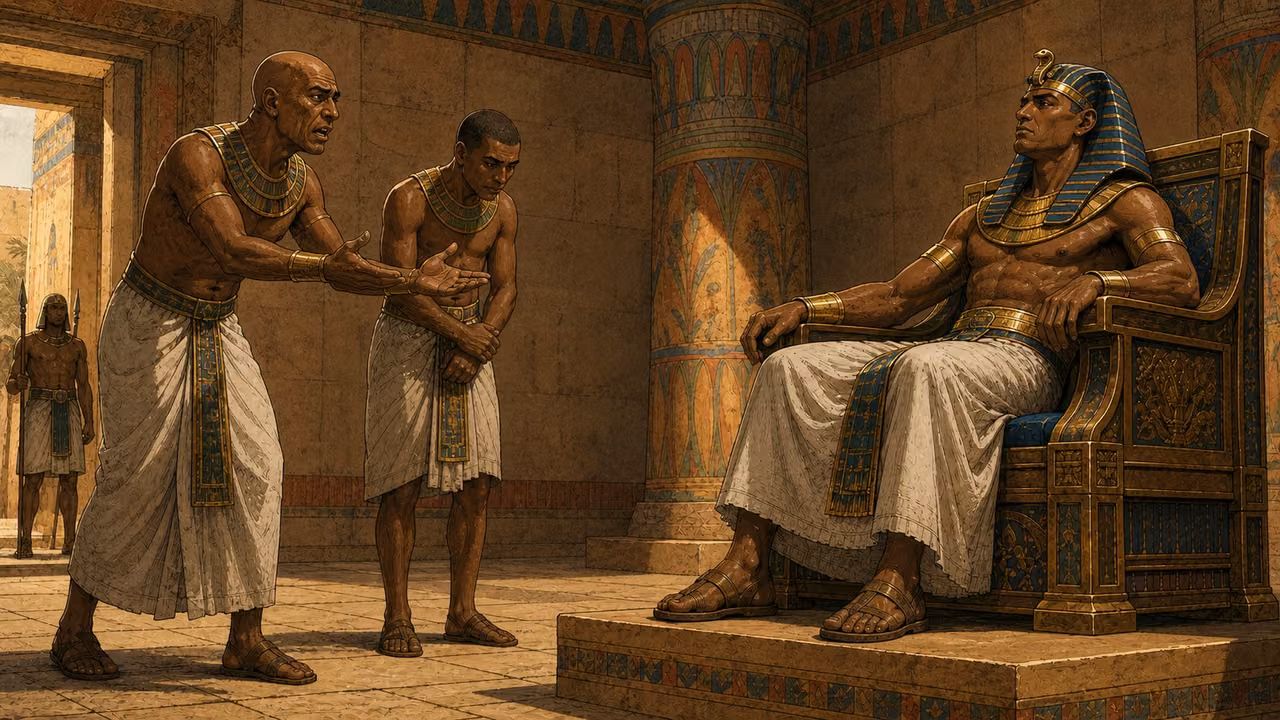 Exodus 10:7-7. Egypt is ruined. After Moses and Aaron leave, two Egyptian court officials urgently appeal to Pharaoh that Egypt is ruined. Inside established ochre-columned audience hall. Pharaoh right seated blue-and-gold nemes, white linen, guarded tense expression. Older official left with shaved head, plain linen and modest narrow collar leans forward with palms open in earnest pleading; younger official beside him lowers his gaze in worried agreement. Distinct officials, neither resembles Aaron or Moses. No elderly white-haired Hebrew figures copied from the palace reference, use that for architecture only. Medium-wide view with expressive but dignified faces, no locusts yet, no letters, captions or visible deity. Bronze Age Exodus setting, not first-century staging. One 16:9 single scene. No text or lettering.