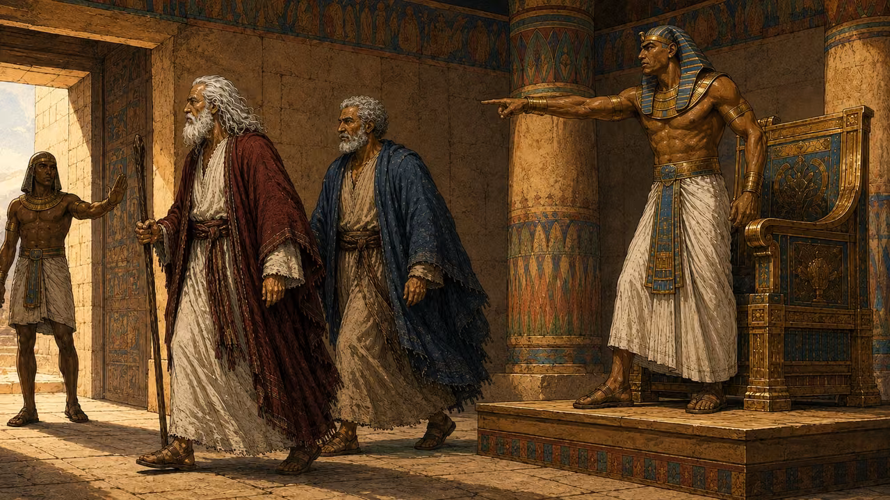 Exodus 10:8-11. Young and old. Pharaoh rejects the request for young and old to leave together and angrily orders Moses and Aaron out of the established Egyptian hall. Pharaoh right rises slightly from his throne and extends one arm toward the doorway at left, clear natural pointing hand, stern angry face under blue-and-gold nemes. Moses and Aaron left begin turning toward the exit, Moses crimson mantle and long white hair with gnarled staff, Aaron indigo and short gray curls, both dignified. A single plainly dressed Egyptian guard near the doorway gestures them onward without grabbing or hitting. Four people total. Wide angled composition with clear movement toward door, painted cylindrical columns and shallow throne platform consistent reference. No locusts, children, leaving crowds, lettering or visible deity. Bronze Age Exodus setting, not first-century staging. One 16:9 single scene. No text or lettering.