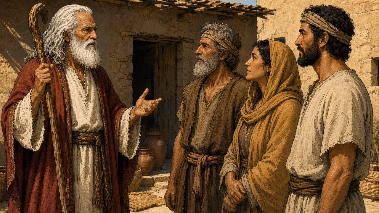 Exodus 11:1-3. Ask your neighbors. Moses conveys instructions to a small group of Hebrew adults in a simple Egyptian mudbrick courtyard before departure. Moses at left, long white hair and beard, crimson mantle over cream robe, gnarled staff held upright, one hand making a restrained speaking gesture. Three unnamed listeners: a gray-bearded man in rough brown tunic, a middle-aged woman in muted ochre shawl and a younger adult man in undyed linen, all attentive and dignified, distinct faces. No silver or gold changes hands yet, no packed procession or deaths. Clay jars, reed mats and a shaded doorway, ordinary warm daylight. This accompanies the instructions to ask neighbors and the final-plague promise, not an invented miracle. Natural hands and anatomy, hand-inked gouache, no text or visible deity. Bronze Age Exodus setting, not first-century staging. One 16:9 single scene. No text or lettering.