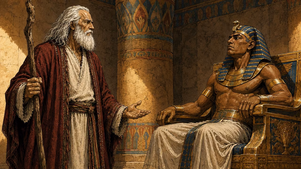 Exodus 11:4-7. About midnight. Moses delivers the solemn final-plague warning before Pharaoh. Exactly two main figures in the established Egyptian audience hall. Moses left in long white hair and beard, crimson mantle and cream robe, gnarled staff held upright, face grave and unwavering, free hand held open low in measured warning. Pharaoh right in blue-and-gold nemes, gold collar and white linen sits rigidly with a guarded expression. Medium close view emphasizing their faces across the edge of the throne platform. Muted ochre plaster and painted cylindrical column, natural subdued light. No firstborn deaths, crying families, angel or supernatural figure: these are still future warnings here. Use palace reference architecture only; no Aaron copied from it. Natural anatomy, tactile ink and gouache, no lettering. Bronze Age Exodus setting, not first-century staging. One 16:9 single scene. No text or lettering.