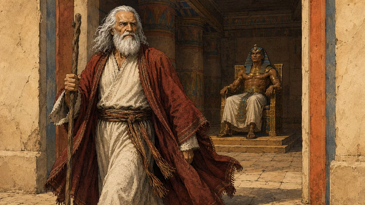 Exodus 11:8-8. Burning anger. Moses strides out from Pharaoh in burning anger after delivering the final warning. View from the palace doorway: Moses dominates foreground walking toward the viewer and slightly left, face stern with righteous anger, long white hair and beard, crimson mantle sweeping behind, cream robe, gnarled staff gripped firmly. Behind him Pharaoh remains on the throne in the depth of the established ochre painted-column hall, blue-and-gold nemes recognizable, rigid posture. Two main figures only. Doorway stone edges frame the departure, natural daylight at threshold. No servants bowing, since that is still a prediction; no Aaron, dead children, violence or magical effects. Natural purposeful walking anatomy, cinematic hand-inked gouache, no lettering. Bronze Age Exodus setting, not first-century staging. One 16:9 single scene. No text or lettering.