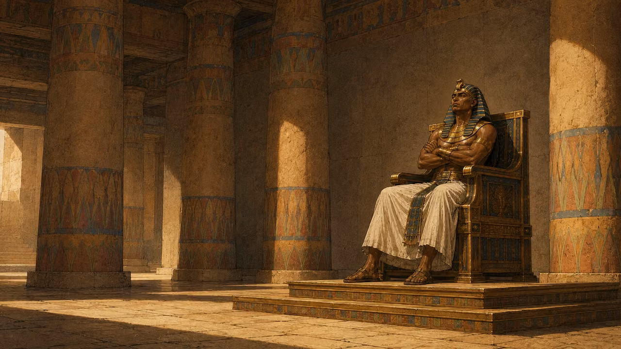 Exodus 11:9-10. He would not listen. Editorial visual reflection on Pharaoh refusal concluding the chapter, not a new narrative event. Pharaoh sits alone in the established Egyptian audience hall, small within a broad symmetrical composition of tall painted cylindrical columns and deep shadow. Recognizable blue-and-gold nemes, gold collar and white pleated linen, rigid closed posture on dark wood and gold throne at shallow platform. Wide view emphasizes isolation and immovability. Subdued ochre light, tactile hand-inked gouache with restrained detail. Use palace reference architecture only, omit Moses and Aaron; no newly enacted signs, deity, glowing heart, firstborn deaths, captions or lettering. Bronze Age Exodus setting, not first-century staging. One 16:9 single scene. No text or lettering.