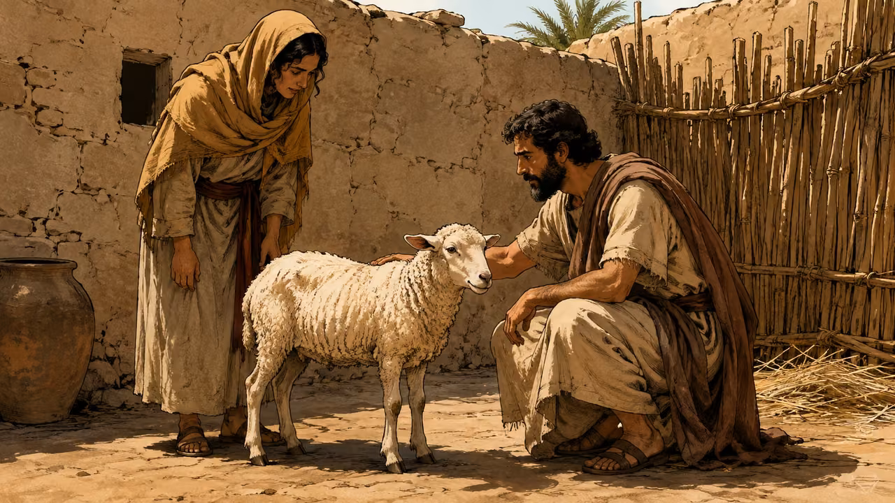 Exodus 12:1-6. A lamb for the household. Editorial illustration of the Passover instructions, not an additional narrated event. A healthy unblemished year-old male lamb stands naturally in a simple Hebrew household courtyard in ancient Egypt. Two unnamed Hebrew adults inspect it gently: a bearded man in undyed linen and brown shoulder cloth crouches with one hand lightly on its back, a woman in muted ochre shawl stands nearby attentive. Lamb has clean cream wool, natural proportions and intact body, no sacrifice or blood. Low mudbrick walls, reed fence, clay jar and sparse straw, ordinary warm daylight. Intimate ground-level composition centered on the lamb and careful household selection. No Moses, Aaron, royal costume, modern tags, lettering or deity. Tactile hand-inked gouache graphic novel, dignified faces and natural hands. Bronze Age Exodus setting, not first-century staging. One 16:9 single scene. No text or lettering.