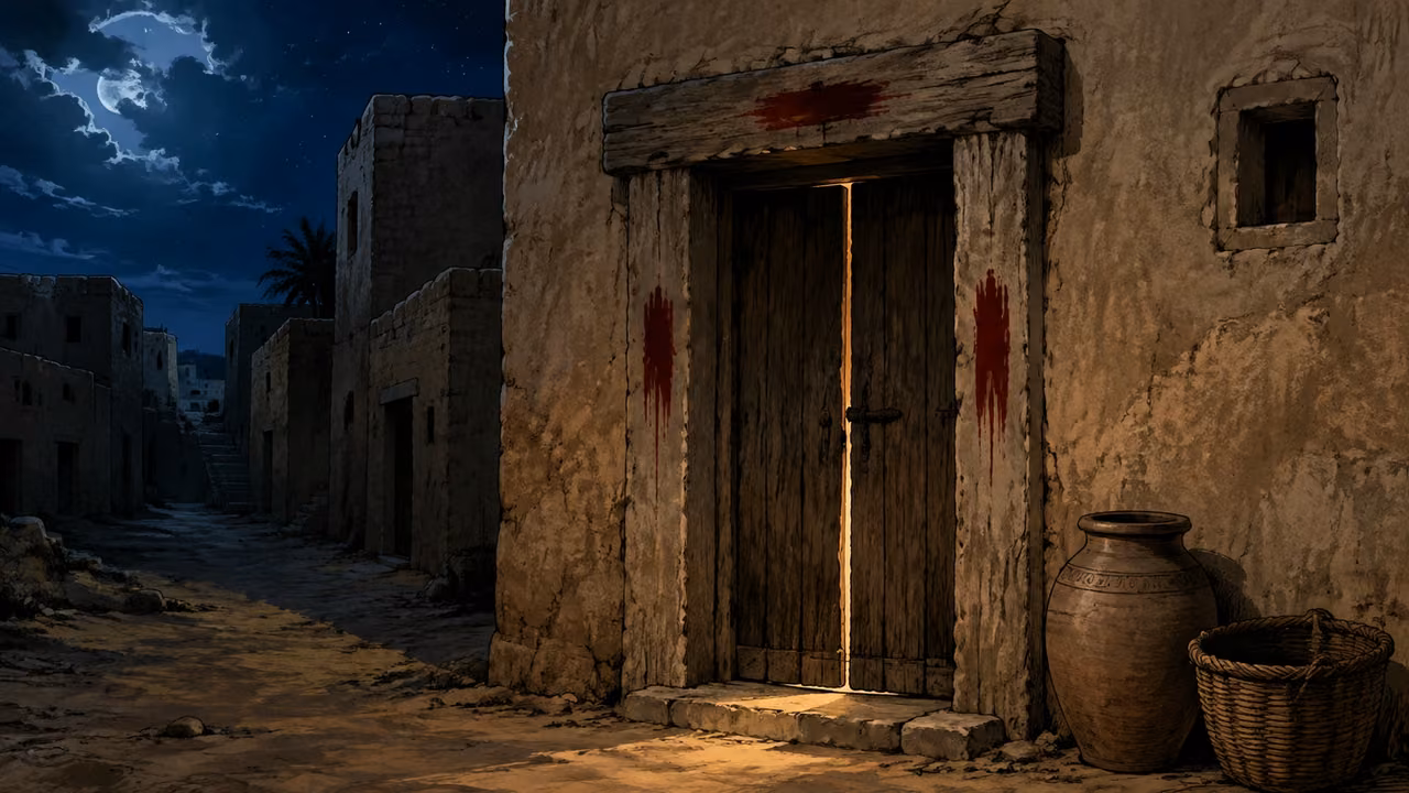 Exodus 12:12-13. A sign on the houses. Editorial illustration of the promised protection of a marked Hebrew house at night. Quiet narrow mudbrick lane in ancient Egypt, focal closed wooden doorway with restrained dark reddish blood marks separately on both doorposts and lintel. Very faint warm household lamplight visible only through a narrow door crack, cool dark blue night around the house, no person outside. A clay water jar and woven basket beside the wall, stillness and shelter conveyed through composition. No angel, destroyer, deity, shadow creature, magical shield or beam, no dead bodies, no cross-shaped marks. One cinematic single scene in tactile hand-inked gouache, no captions or lettering. Bronze Age Exodus setting, not first-century staging. One 16:9 single scene. No text or lettering.