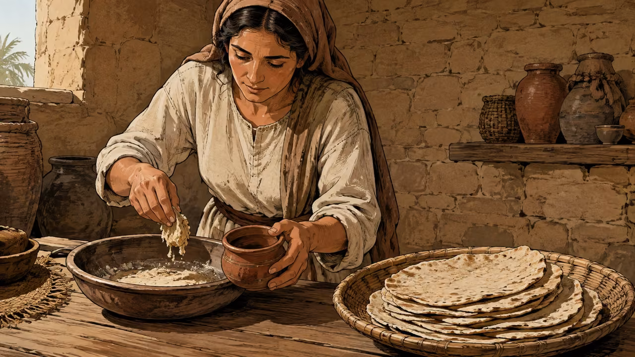Exodus 12:14-20. A lasting memorial. Editorial instruction illustration for the Feast of Unleavened Bread. Close medium view inside a humble ancient Hebrew kitchen. An unnamed woman in plain belted undyed linen and muted brown headcloth gathers a small piece of old fermented dough from a shallow kneading bowl into a separate clay container for removal. A clean reed tray of thin flat unleavened breads rests prominently on the table beside the now cleared working surface. Focus on her two natural hands and attentive face, clay storage jars and mudbrick wall behind. No modern packaged yeast, labels, calendars, later religious objects or text. Ordinary soft daylight, tactile hand-inked gouache, warm restrained palette. Show household preparation, no wasteful heap of bread or violent expulsion of people. Bronze Age Exodus setting, not first-century staging. One 16:9 single scene. No text or lettering.