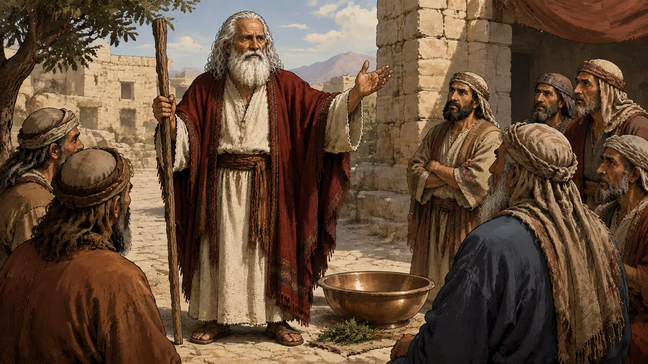 Exodus 12:21-23. Moses calls the elders. Moses addresses Hebrew elders in a courtyard, a basin and small hyssop bunch nearby, no marking performed yet. Bronze Age Exodus setting, not first-century staging. One 16:9 single scene. No text or lettering.