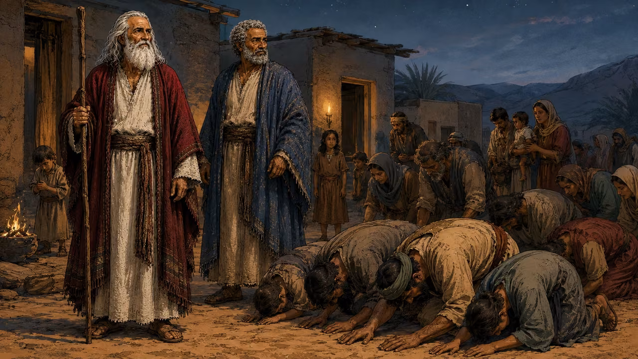 Exodus 12:24-28. They bowed and worshiped. Hebrew adults bow in worship as Moses and Aaron stand nearby, children present with their households. Bronze Age Exodus setting, not first-century staging. One 16:9 single scene. No text or lettering.
