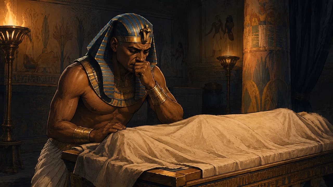 Exodus 12:29-30. A great cry in Egypt. Pharaoh grieves beside a fully covered adult-sized bier in a lamplit chamber; dignified, non-graphic mourning. Bronze Age Exodus setting, not first-century staging. One 16:9 single scene. No text or lettering.
