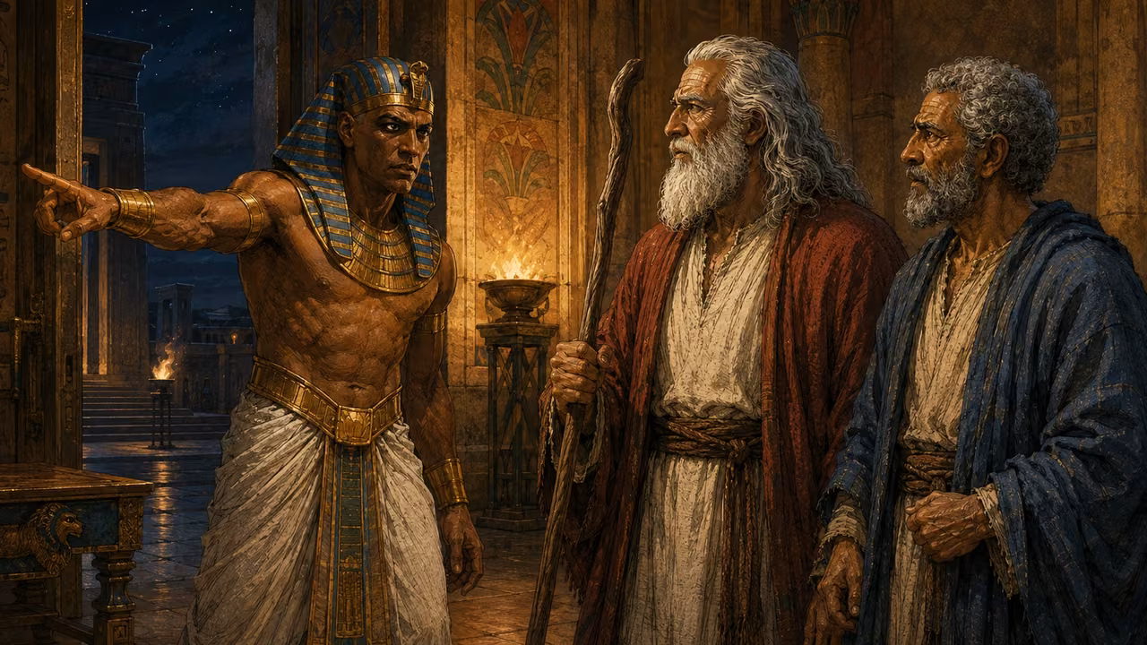 Exodus 12:31-32. Go, and bless me also. At night Pharaoh gives the departure order to Moses and Aaron in the palace. Bronze Age Exodus setting, not first-century staging. One 16:9 single scene. No text or lettering.