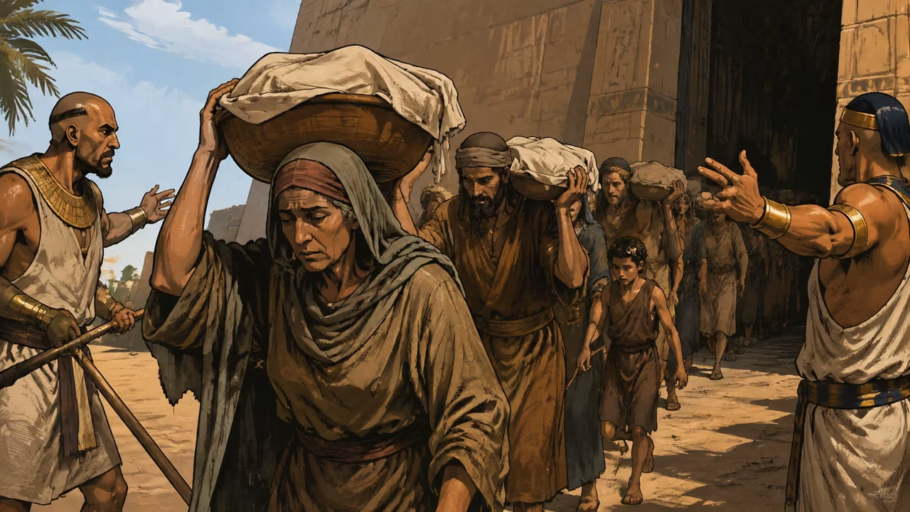 Exodus 12:33-34. Dough before it rose. Hebrew households lift cloth-wrapped kneading bowls onto their shoulders while Egyptian neighbors urge them onward. Bronze Age Exodus setting, not first-century staging. One 16:9 single scene. No text or lettering.