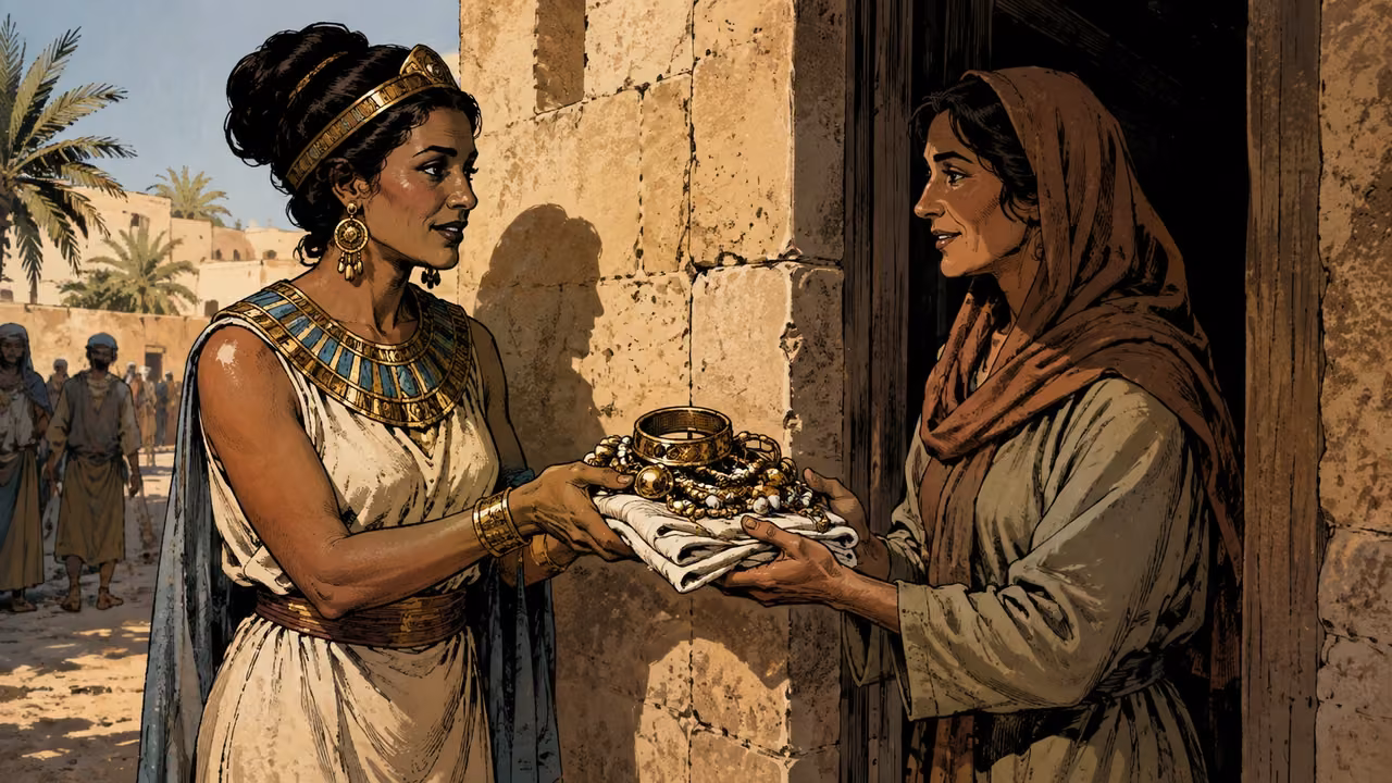 Exodus 12:35-36. Silver, gold and clothing. An Egyptian neighbor hands modest silver and gold ornaments and folded linen to a Hebrew woman at a doorway. Bronze Age Exodus setting, not first-century staging. One 16:9 single scene. No text or lettering.