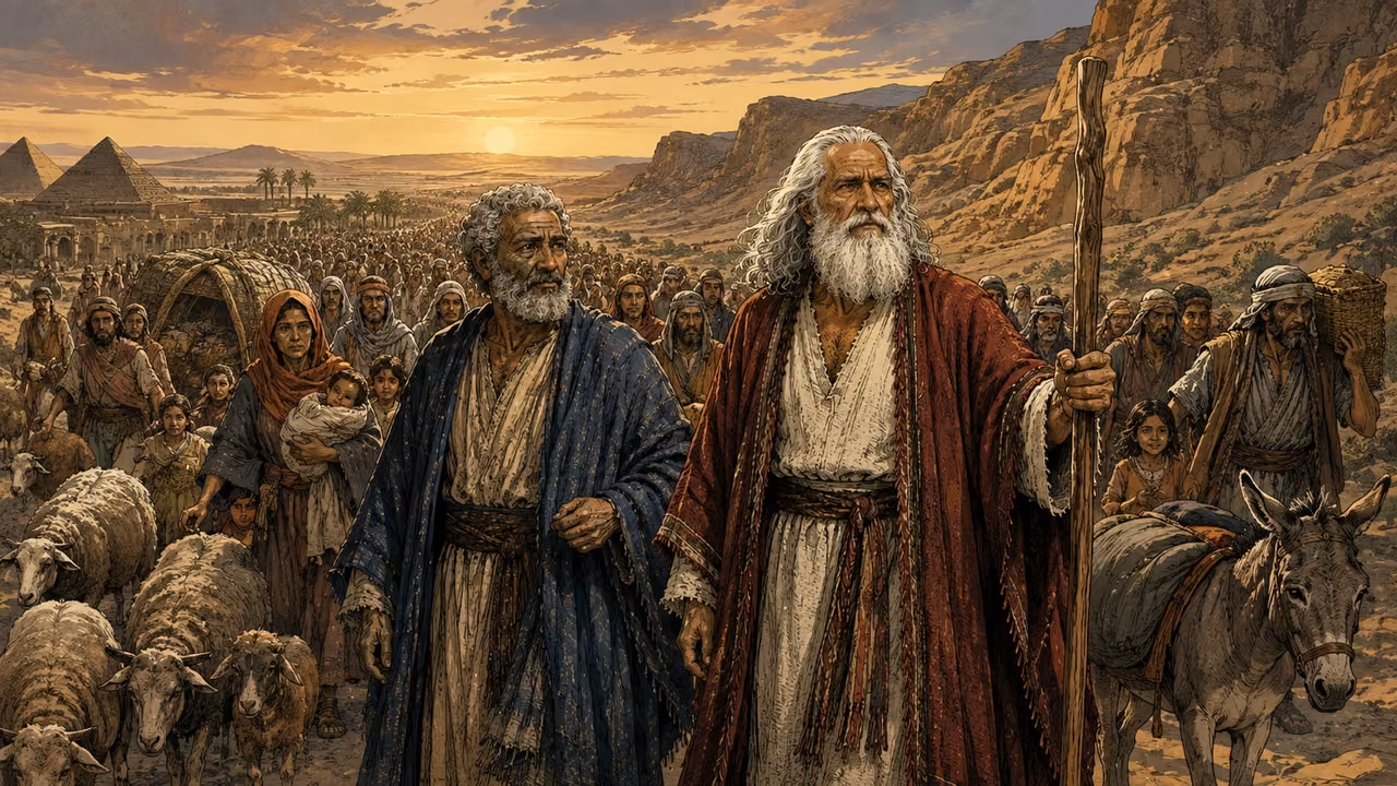Exodus 12:37-38. From Rameses to Succoth. A vast diverse procession of Hebrew households, other travelers and livestock leaves Egypt, Moses and Aaron at the front. Bronze Age Exodus setting, not first-century staging. One 16:9 single scene. No text or lettering.