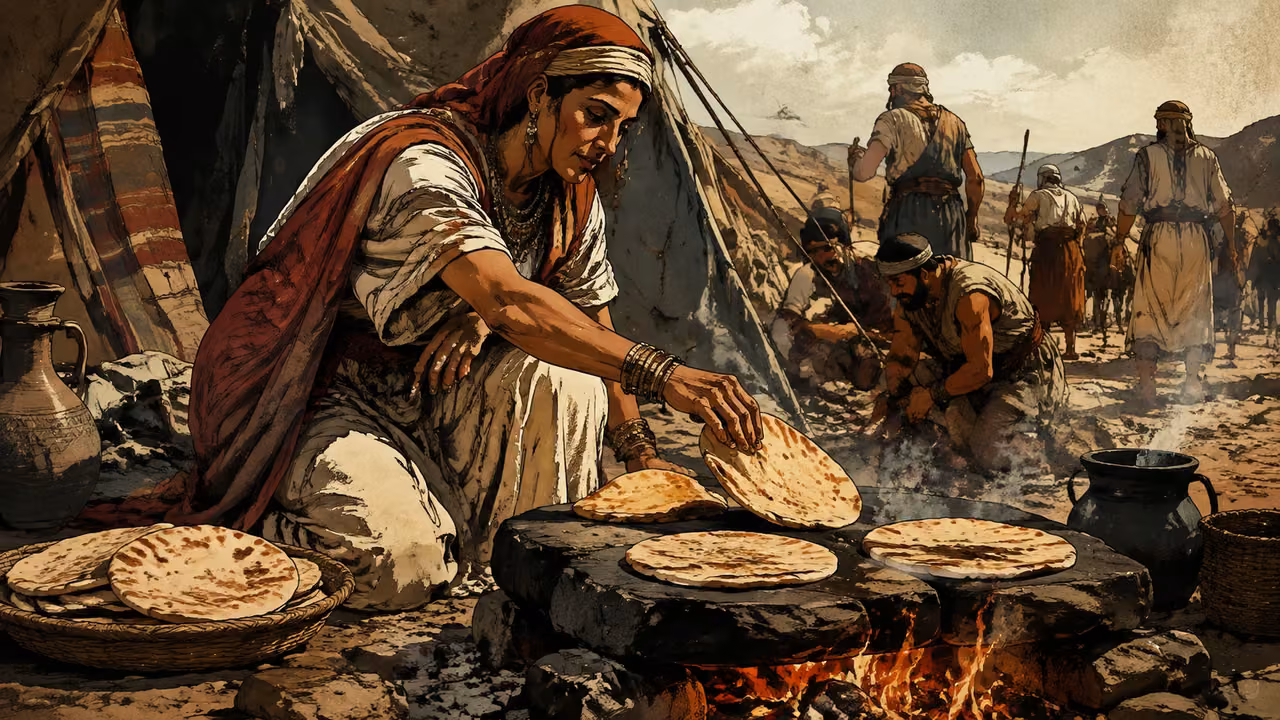 Exodus 12:39-39. Unleavened cakes. Travelers bake thin unleavened cakes on heated stones beside a temporary resting place. Bronze Age Exodus setting, not first-century staging. One 16:9 single scene. No text or lettering.