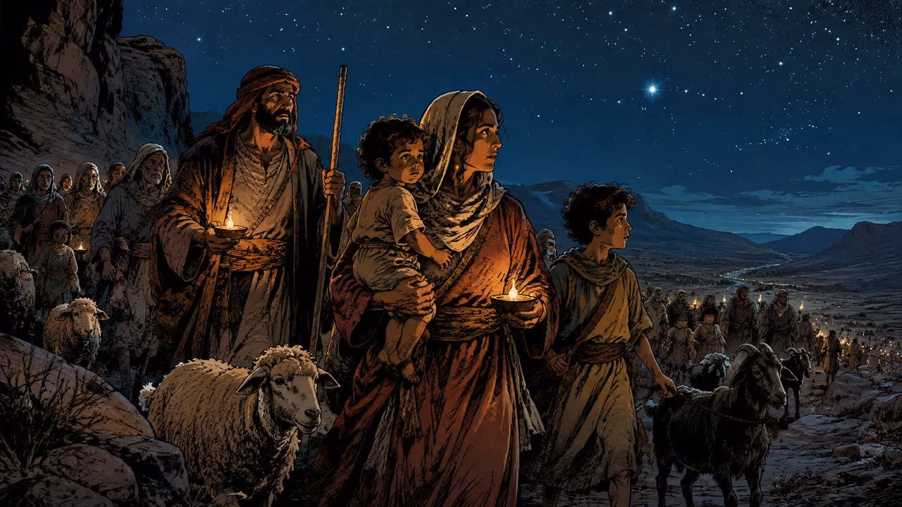 Exodus 12:40-42. A night of vigil. Editorial reflection: a night procession with families and livestock beneath stars, small lamps among the travelers. Bronze Age Exodus setting, not first-century staging. One 16:9 single scene. No text or lettering.