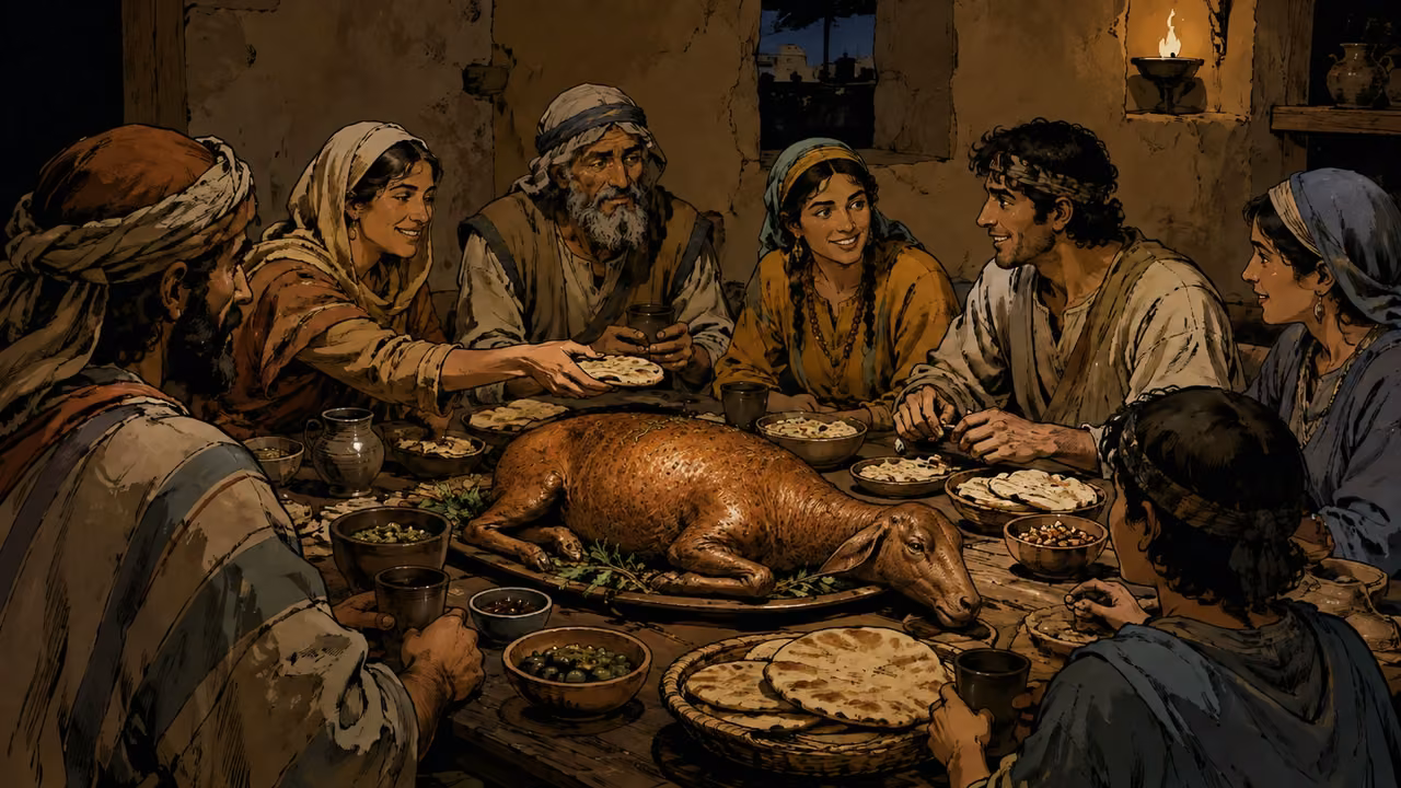 Exodus 12:43-49. One law for the household. Instruction illustration: a household meal contained within one room, intact roasted lamb and flatbread, varied adults around the table; no circumcision depicted. Bronze Age Exodus setting, not first-century staging. One 16:9 single scene. No text or lettering.