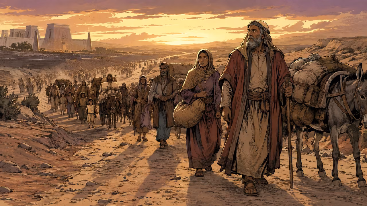 Exodus 12:50-51. Out by their divisions. Broad view of organized groups of households and livestock moving out from Egypt along a desert road. Bronze Age Exodus setting, not first-century staging. One 16:9 single scene. No text or lettering.