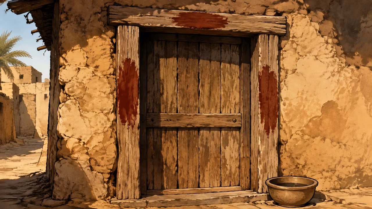 Exodus 12:7-7. The doorposts and lintel. Editorial illustration of the Passover doorway instruction. Front three-quarter close view of a humble mudbrick Hebrew house doorway in Egypt, two rough wooden vertical doorposts and one horizontal lintel clearly visible. Restrained dark reddish blood brushed on BOTH vertical posts and the upper lintel, three separate broad irregular brush patches following the wood, not a cross or symbolic design. Closed rough timber door within frame. A small plain earthenware basin rests beside the threshold, no person, body, animal or gore. Warm late-afternoon light on tactile wood and ochre plaster, hand-inked gouache graphic novel, carefully legible doorway construction, no lettering, modern fittings, supernatural light or deity. Bronze Age Exodus setting, not first-century staging. One 16:9 single scene. No text or lettering.