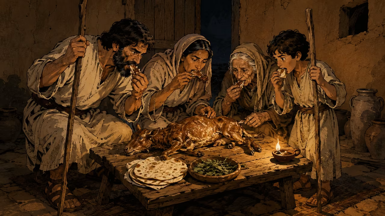 Exodus 12:8-11. Eat in haste. Editorial illustration of the first Passover meal instructions. Inside one humble mudbrick Hebrew home at night, a household of four stands closely around a low wooden serving surface eating in haste: two adults, an elderly woman and a fully clothed child. Plain undyed linen garments firmly belted at waist, sandals visibly on feet; adults hold wooden traveling staffs in one hand while eating with the other. On the surface a whole fire-roasted lamb with head and legs intact, browned cooked food not bloody, thin unleavened flatbreads and a shallow bowl of bitter leafy herbs. Small clay oil lamp gives warm light, closed doorway and clay jars behind. Natural hands, no modern utensils, ornate holiday tableware or later ritual objects. Dignified urgency, hand-inked gouache graphic novel, no text, deity or death scene. Bronze Age Exodus setting, not first-century staging. One 16:9 single scene. No text or lettering.